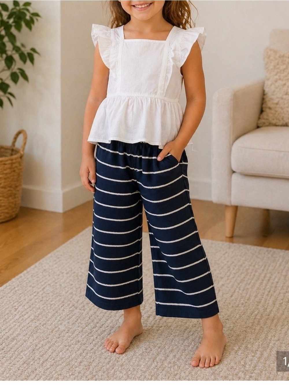 Calvin Klein White Ruffle Top and Navy Striped Pants Set